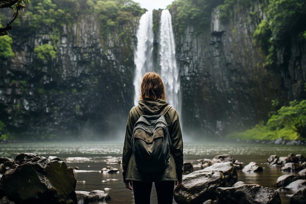 Photo une fille debout devant l'arrière-plan de la cascade