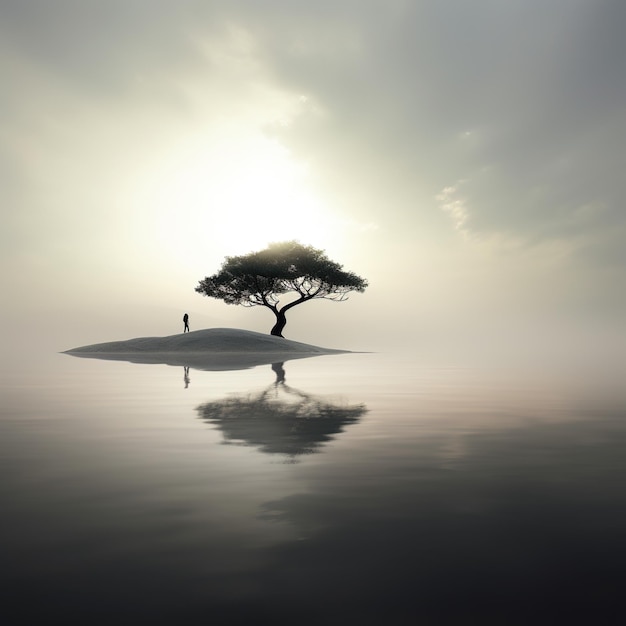 Une fille debout seule sur une petite île au milieu d'un vaste océan avec un grand arbre dessus