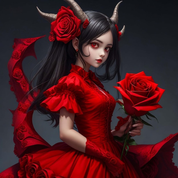 Une fille démon portant une robe de rose rouge.