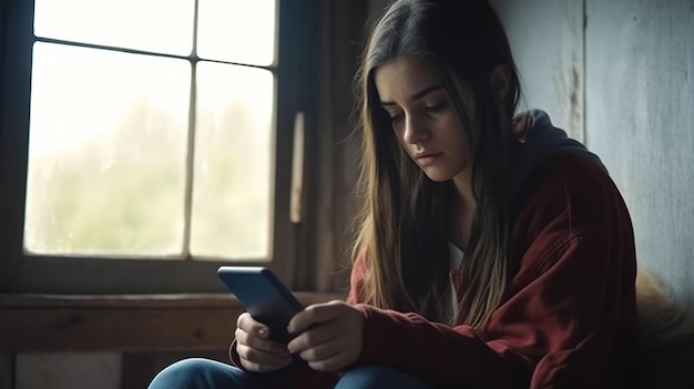 Photo une fille déprimée est assise à la fenêtre avec un téléphone dans les mains en attente d'un appel