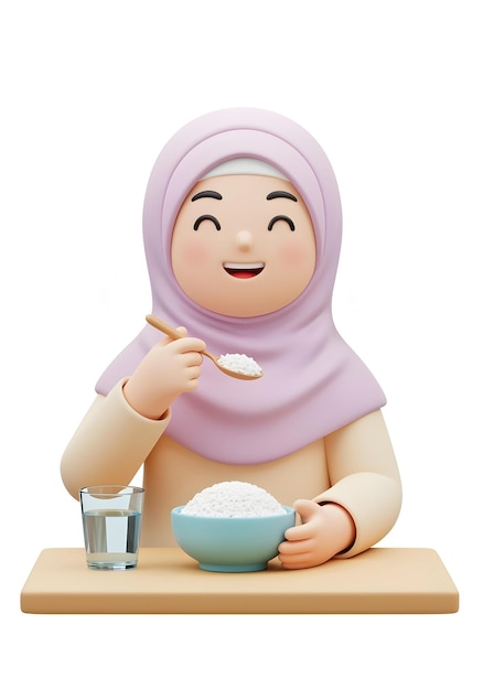 Une fille de dessin animé en 3D en hijab pastel mangeant du suhoor avec du riz et de l'eau
