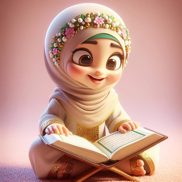 Fille de dessin animé en 3D en robe islamique souriant avec le Coran