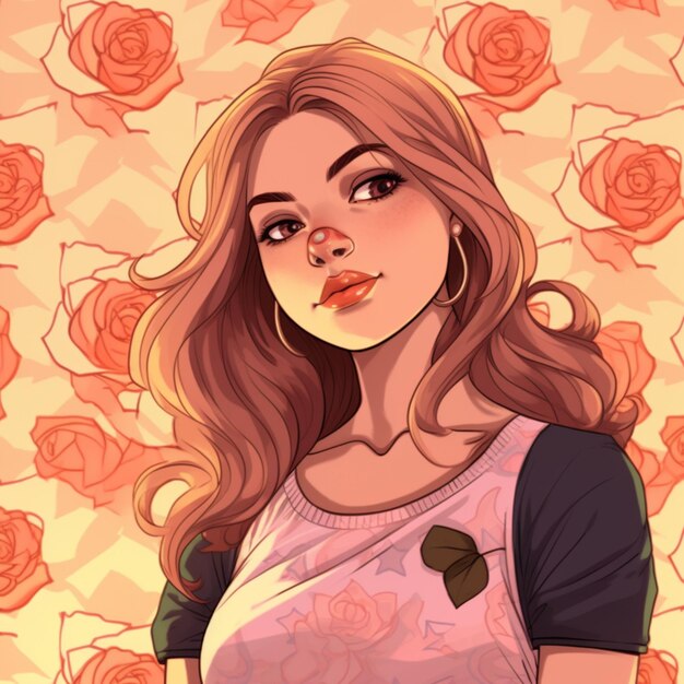 une fille de dessin animé avec un arrière-plan rose et un motif de rose génératif ai