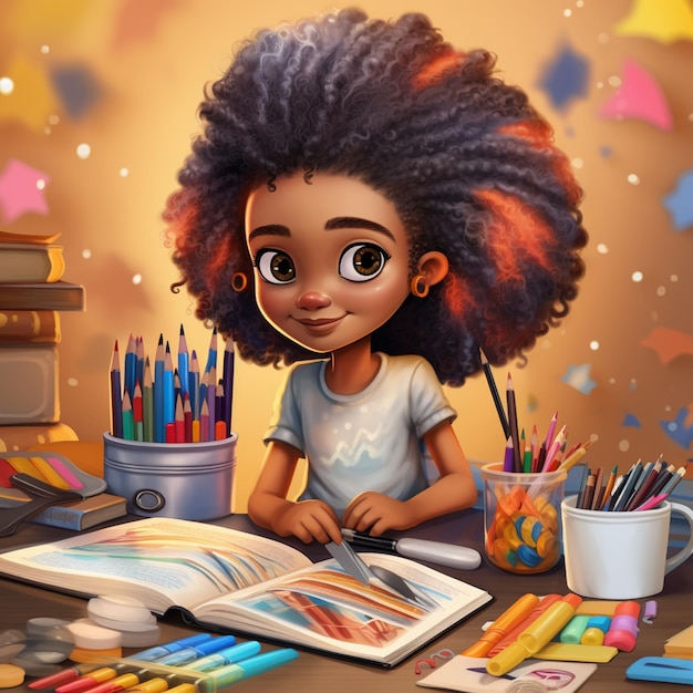 Une fille de dessin animé assise à un bureau avec un livre et des crayons.