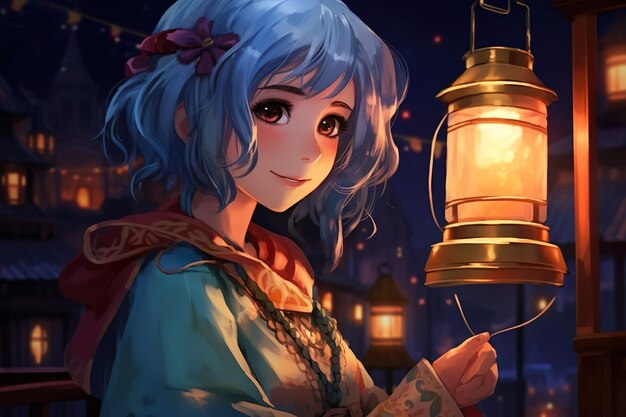 Photo une fille de dessin animé aux cheveux bleus et une perruque bleue se tient devant une lanterne