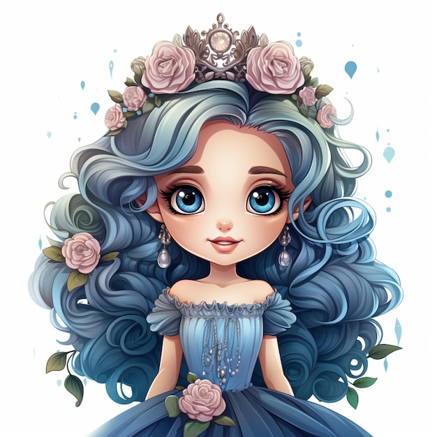fille de dessin animé aux cheveux bleus et une robe tiable avec des roses ai générative