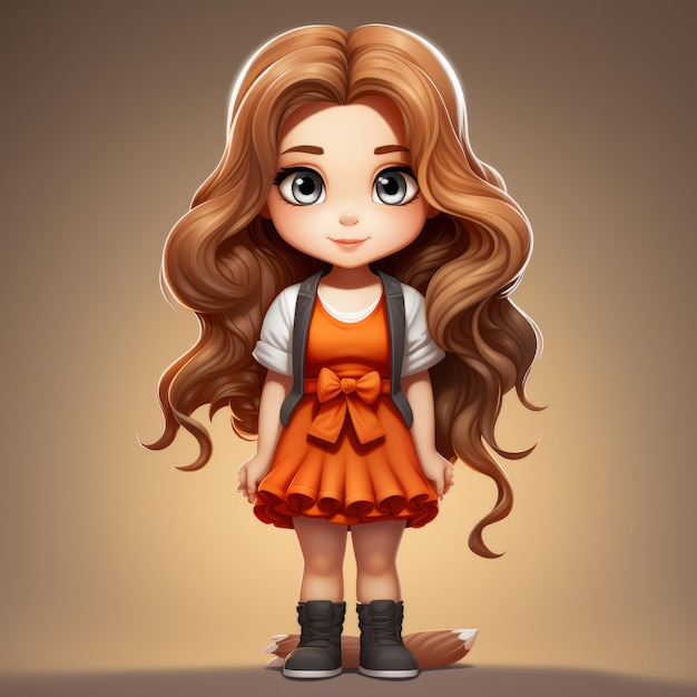 fille de dessin animé aux cheveux longs dans une robe orange