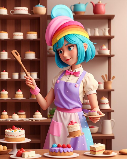 une fille de dessin animé avec un bâton et un gâteau avec une spatule.