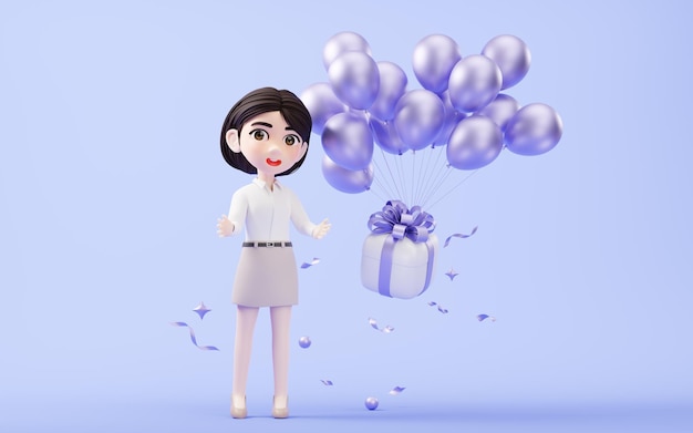 Fille de dessin animé avec boîte-cadeau rendu 3d