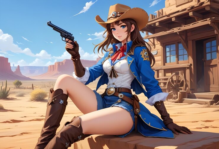 Photo une fille de dessin animé avec un chapeau de cow-boy et un chapeaux de cow-boys se tient dans le désert