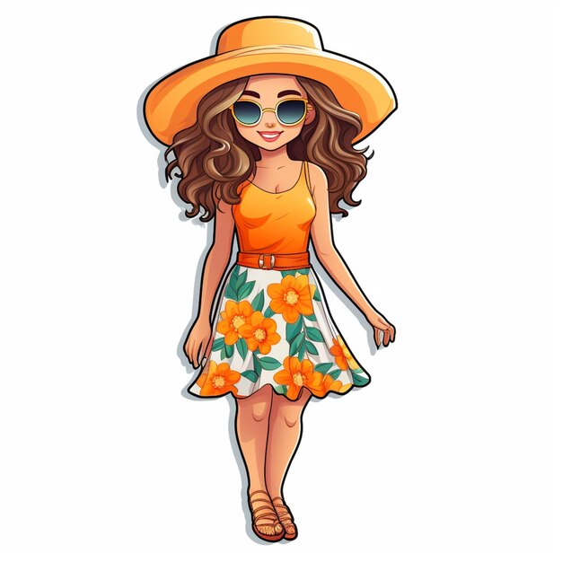 fille de dessin animé avec un chapeau et une robe avec des lunettes de soleil