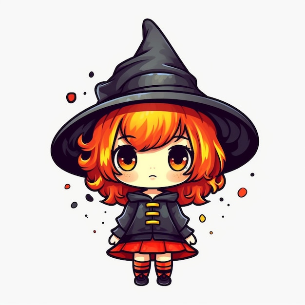 Une fille de dessin animé avec un chapeau de sorcière et un chapeaux de sorcières.