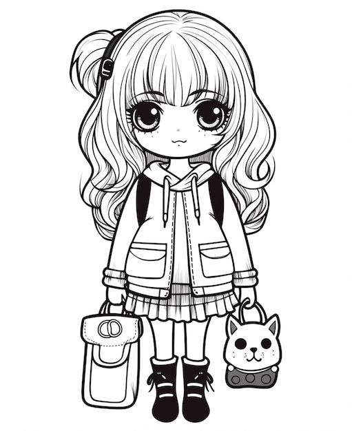 Photo une fille de dessin animé avec un chat et un sac de bagages générative ai