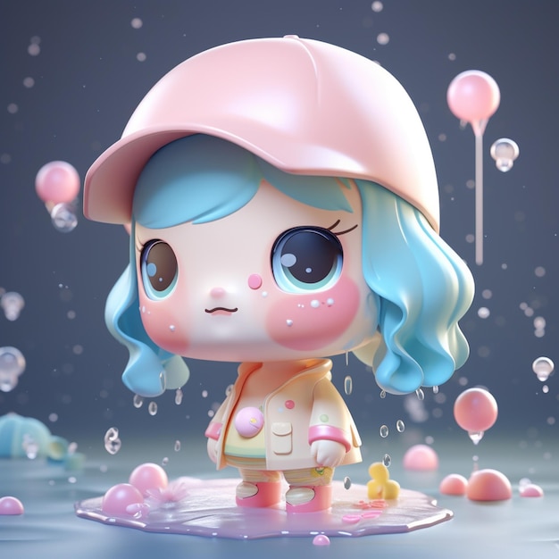 Photo une fille de dessin animé avec des cheveux bleus et un chapeau rose debout dans une flaque d'eau