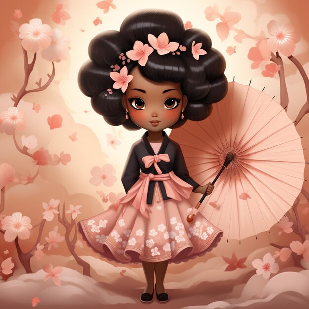 une fille de dessin animé avec des cheveux noirs et une robe rose tenant un parapluie