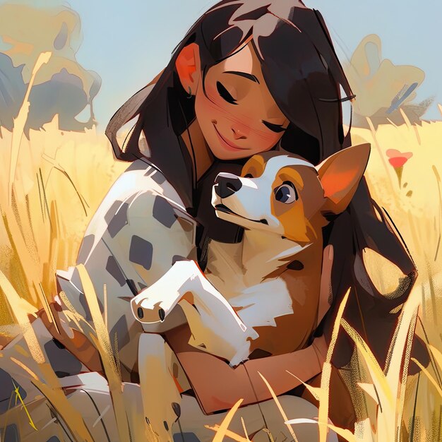 Photo une fille de dessin animé avec un chien dans la nature