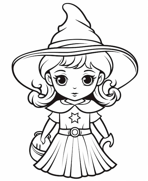 une fille de dessin animé en costume de sorcière avec un chapeau et une baguette générative ai