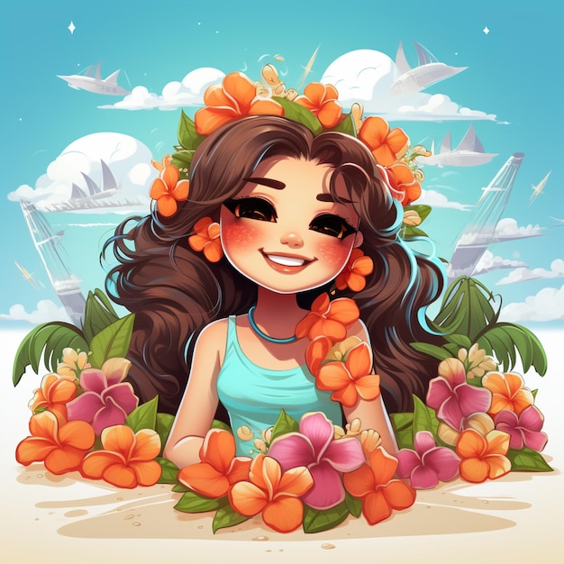 fille de dessin animé avec couronne de fleurs sur la plage avec des palmiers et des bateaux ai générative