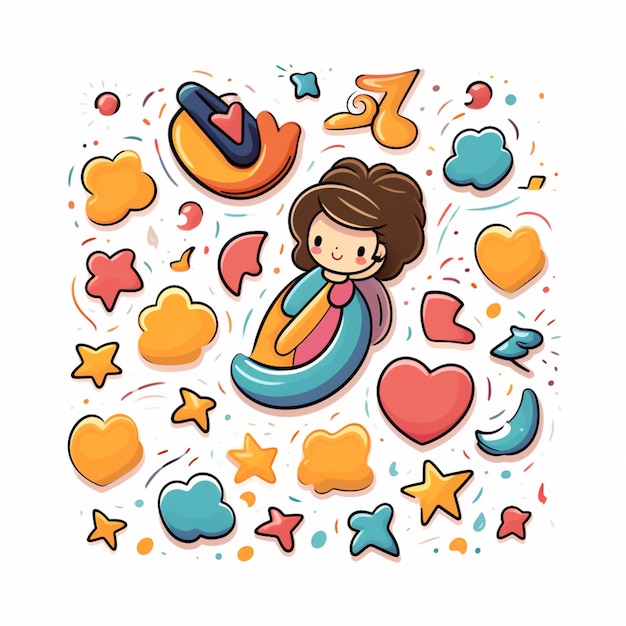 Fille de dessin animé dans un bateau entourée de cœurs et d'étoiles