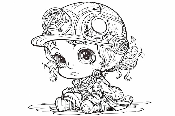 Photo une fille de dessin animé dans un casque steampunk est assise sur le sol.