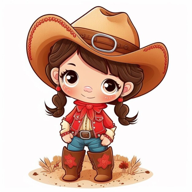 une fille de dessin animé dans un chapeau de cow-boy et des bottes debout dans la saleté générative ai