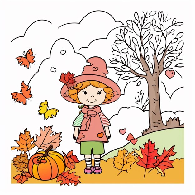 une fille de dessin animé dans un chapeau et un foulard debout dans un champ avec des feuilles d'automne générative ai