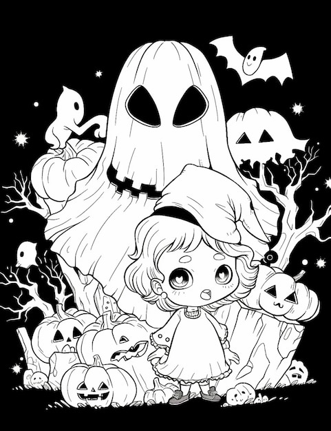 Une fille de dessin animé dans un costume d'halloween entouré de citrouilles et de fantômes ai génératif