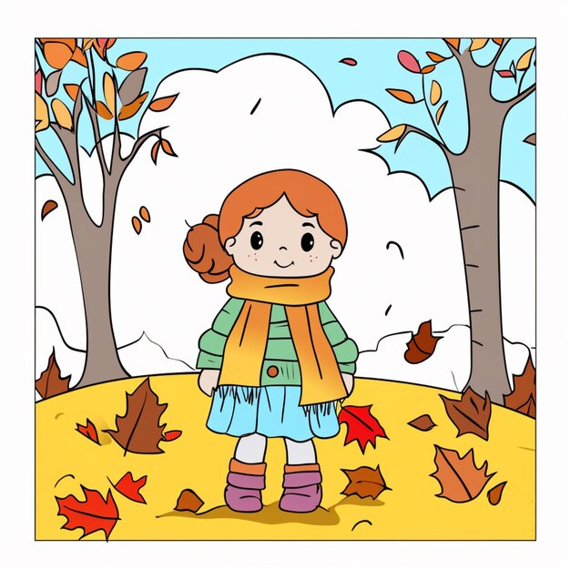 une fille de dessin animé dans un foulard et des bottes debout dans les feuilles générative ai