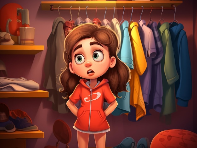 Photo fille de dessin animé dans un hoodie rouge debout dans un placard génératif ai