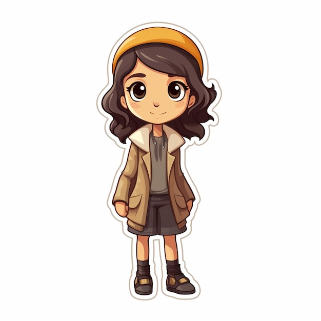 fille de dessin animé dans un manteau marron et un chapeau debout avec ses mains dans ses poches ai générative