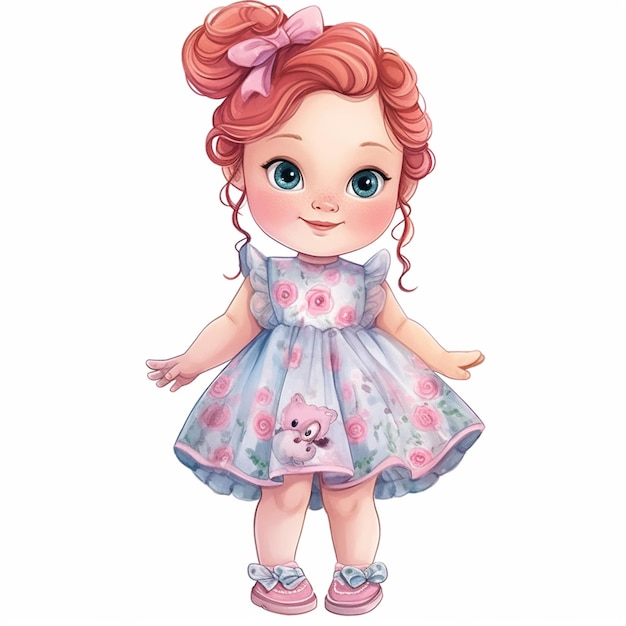 Fille de dessin animé dans une robe avec un ours en peluche