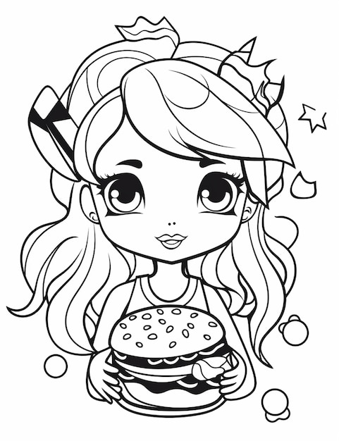 Photo une fille de dessin animé avec un hamburger et des étoiles sur sa tête ai générative