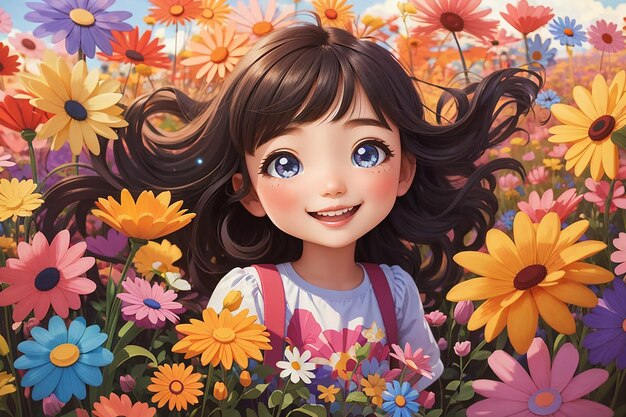 Une fille de dessin animé heureuse avec de grands yeux étincelants et une expression ludique entourée d'un champ de fleurs colorées