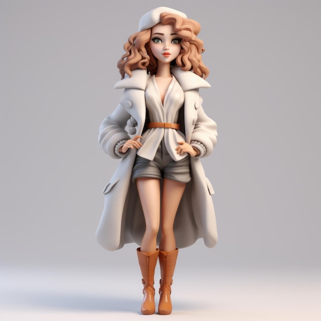 Une fille de dessin animé hyperréaliste dans des bottes blanches et un manteau glamour hollywoodien classique