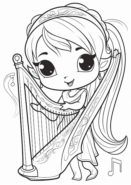 une fille de dessin animé jouant de la harpe avec des notes de musique ai générative