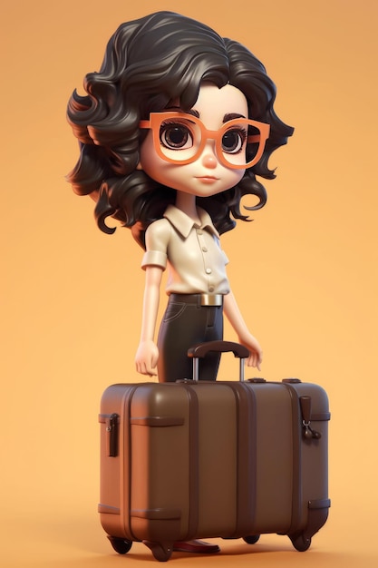 Une fille de dessin animé avec des lunettes de soleil tenant une valise