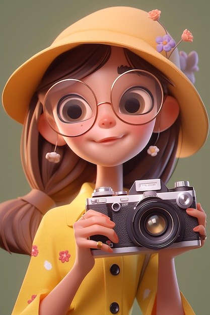 une fille de dessin animé avec des lunettes tenant une caméra et portant un chapeau