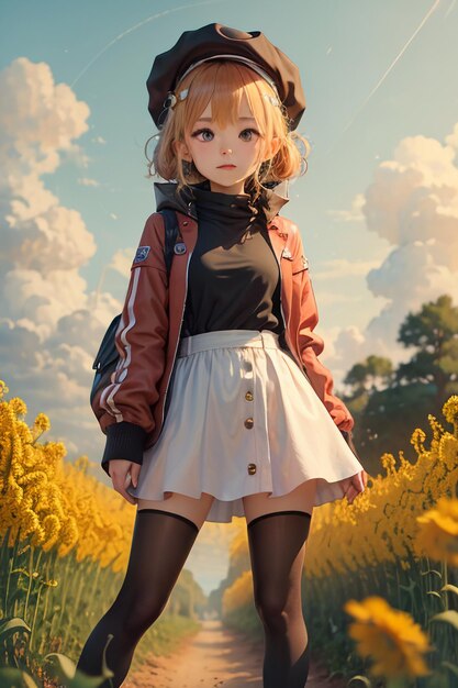 Fille de dessin animé marchant et prenant des photos dans le style anime de chemin de champ de tournesol chrysanthème jaune