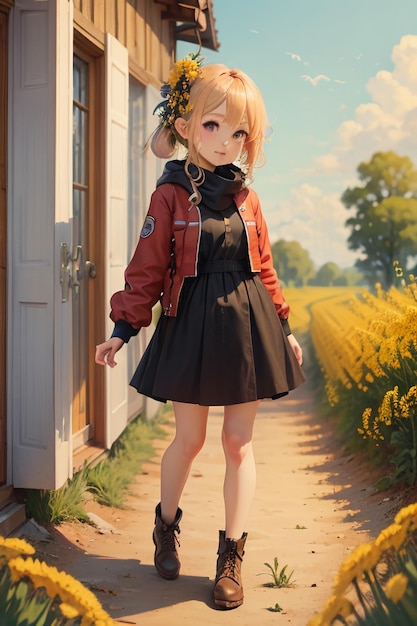 Fille de dessin animé marchant et prenant des photos dans le style anime de chemin de champ de tournesol chrysanthème jaune