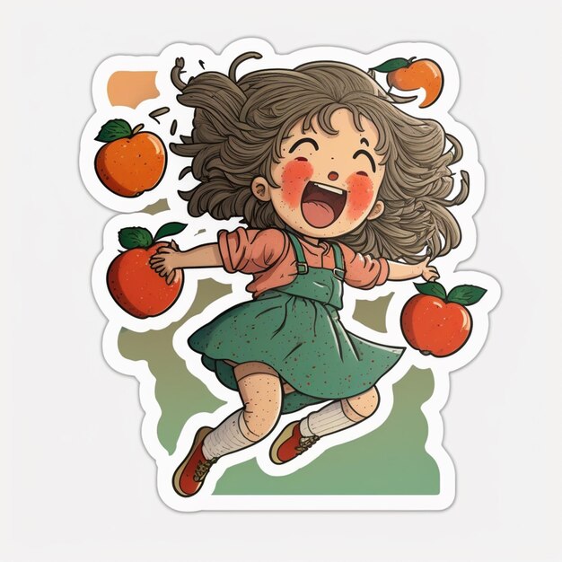 fille de dessin animé avec pomme et oranges volant dans l'air générative ai