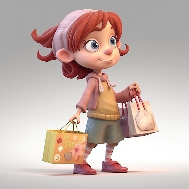 Fille de dessin animé portant le concept de magasinage de sac à provisions
