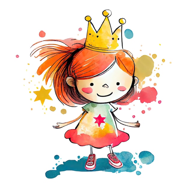 Fille de dessin animé princesse aquarelle mignonne en illustration de robe AI générative
