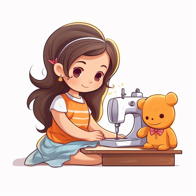 une fille de dessin animé qui coude un ours en peluche sur une machine à coudre