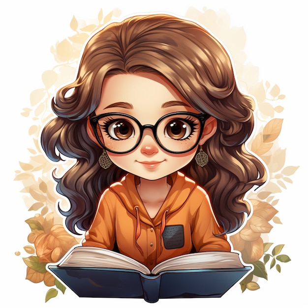 une fille de dessin animé qui lit un livre avec des lunettes et une chemise jaune