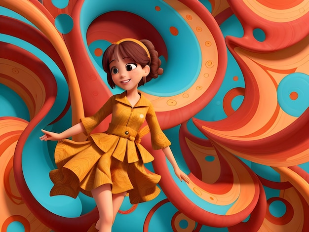 une fille de dessin animé en robe jaune avec un fond coloré.