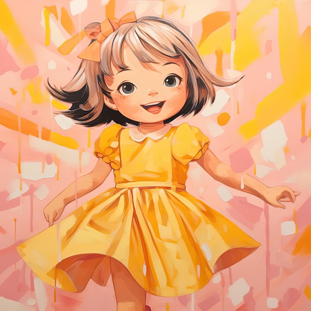 fille de dessin animé en robe rose dans le style jaune et ambre