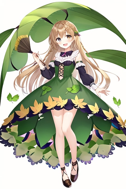 Une fille de dessin animé avec une robe verte et un ventilateur avec des feuilles dessus.