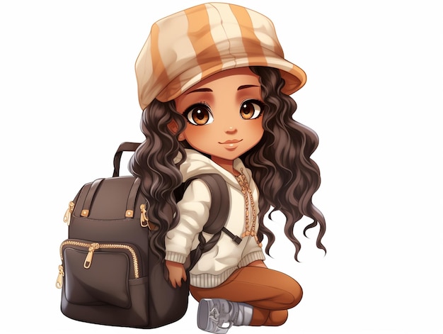 une fille de dessin animé avec un sac à dos et un chapeau assise sur le sol