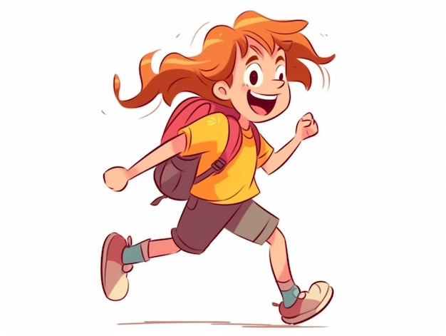 Fille de dessin animé avec sac à dos en cours d'exécution et souriant ai générative