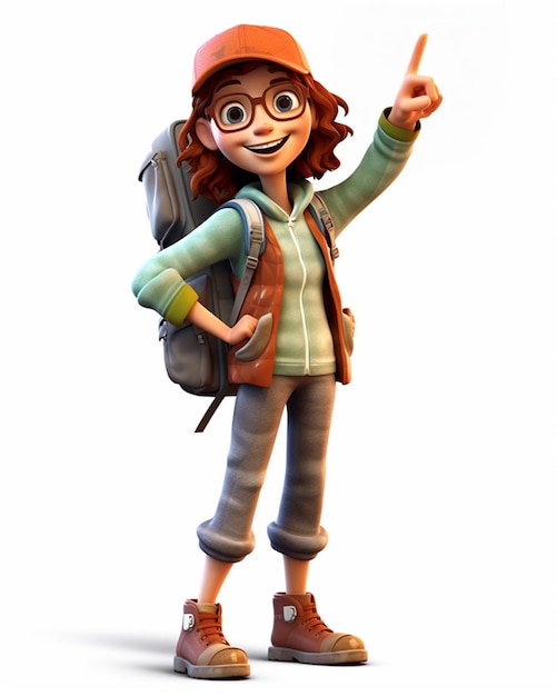 une fille de dessin animé avec un sac à dos pointant vers le haut et portant des lunettes